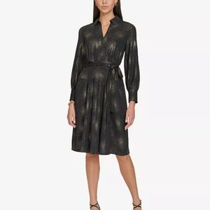 Calvin Klein Women's Size 12 Black Gold Collared Belted A-Line Dress MSRP $149.